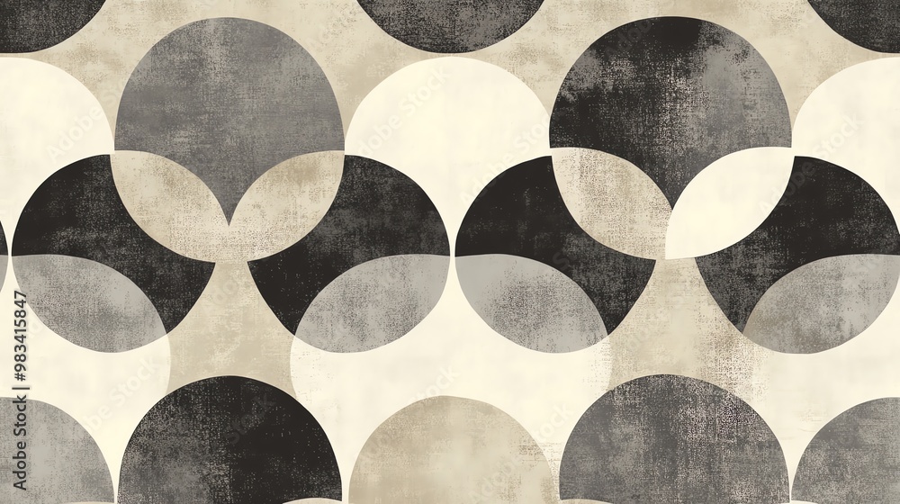 Poster abstract geometric pattern of overlapping circles in grey, black and beige.