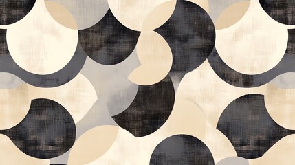 Abstract geometric pattern of circles in cream, grey, and black.