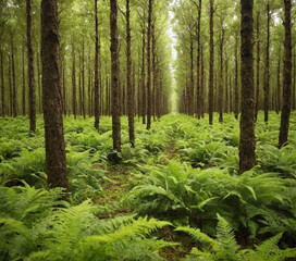 Fototapeta premium forest, nature, tree, trees, green, path, woods, landscape, wood, park, pine, summer, foliage, spring, road, sun, fern, moss, plant, environment, leaf, natural, hiking, grass, light