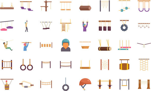 People hanging and climbing in rope park, amusement park obstacle course for adults and children flat vector illustration set