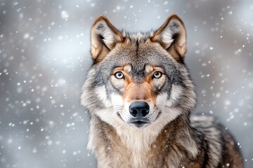 Obraz premium Grey wolf standing majestically against a snowy backdrop, eyes piercing through the mist