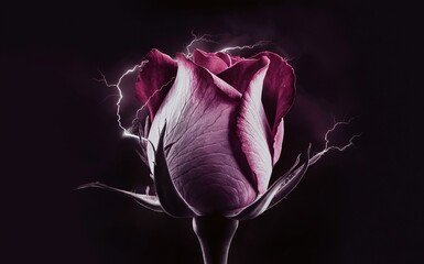 A single pink rose bud surrounded by lightning on a dark background. Generative-AI