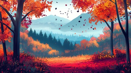 Vibrant autumn forest scene with colorful trees and falling leaves.