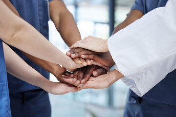 Medical team, hands and people huddle for support, collaboration or healthcare goal. Doctor, nurses...