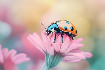 Fototapeta premium Colorful ladybug on pink flower with blurred background