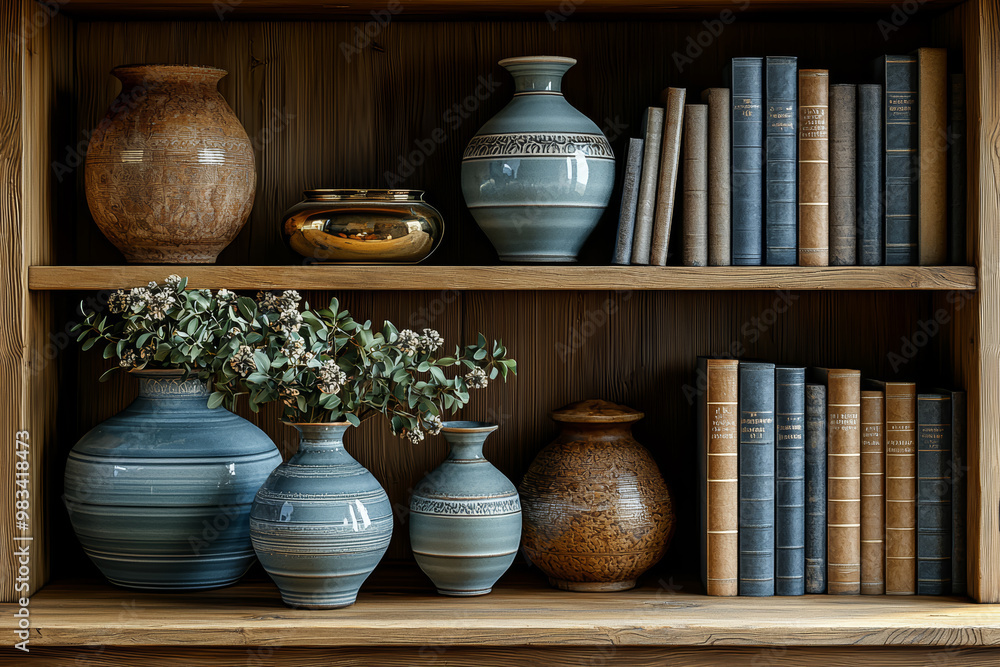 Poster a well-organized bookshelf with a few carefully selected books and decorative objects. concept of mi