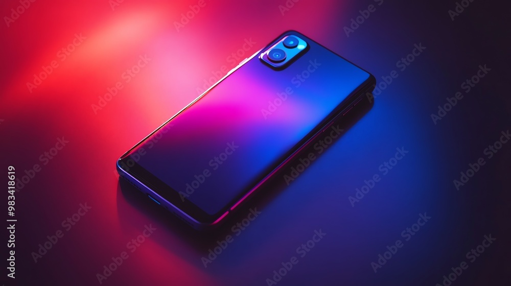 Poster modern smartphone on a table illuminated by colorful light.