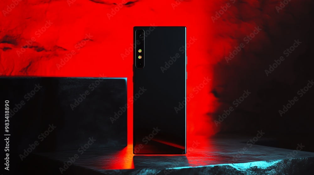 Poster black smartphone with triple camera on a dark table with red light.
