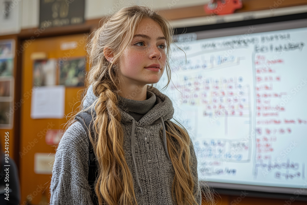 Poster a student engaged in an interactive online class with a digital whiteboard and virtual peers. concep