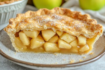 A Slice of Apple Pie with Flaky Crust and Visible Filling