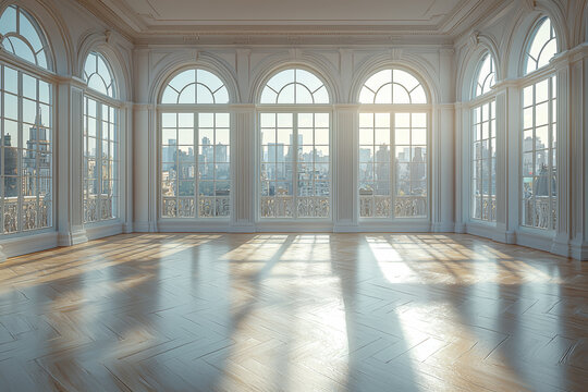 Fototapeta A spacious, airy room with only a few pieces of furniture and large windows. Concept of minimalist living.