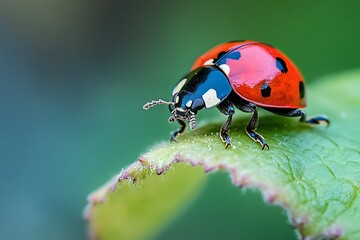 Fototapeta premium Ladybug on a green leaf with blurred background, macro photography