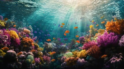 Naklejka premium Vibrant Coral Reef with Sunlight and Tropical Fish Underwater