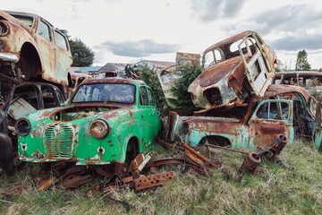 Abandoned and rusted classic cars  in the The historical Horopito Motor Wreckers - Smash Palace,...