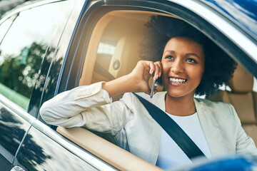 Business, woman and drive with phone call in car for network, communication and update on traffic. Happy, employee and tech with conversation in vehicle for schedule, discussion and commute to job