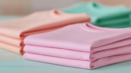 Breast cancer awareness T-shirts folded on a table ready for distribution close up - Spreading the message through fashion - vibrant - Composite - Event table backdrop