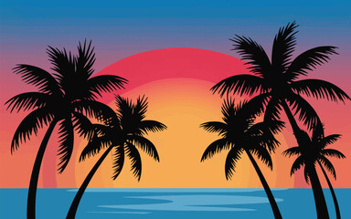 Palm Tree Silhouettes with Sunrise Vector