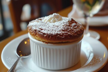 A Single Serving of Powdered Sugar Topped Creme Brulee
