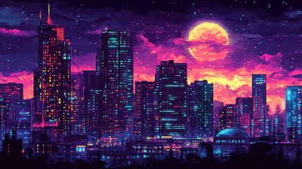 Obraz premium A pixelated cityscape at night, with a large, yellow moon in the sky.