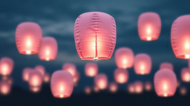 Pink lanterns floating in the air for breast cancer awareness night selective focus - Symbolizing hope rising - surreal - Double exposure - Night sky backdrop
