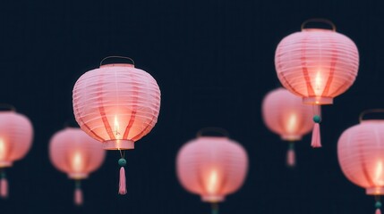 Fototapeta premium Pink lanterns floating in the air for breast cancer awareness night selective focus - Symbolizing hope rising - surreal - Double exposure - Night sky backdrop
