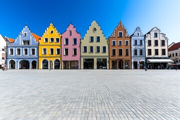 Obraz premium Kazimierz Dolnyâ€™s Market Square, with its charming historic buildings and colorful facades under a clear blue sky
