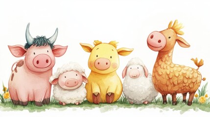 Naklejka premium Cute Farm Animals Illustration with Cow, Pig, and Sheep