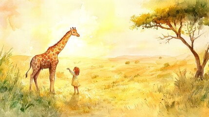 Obraz premium Child and Giraffe in a Sunset Landscape