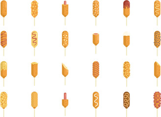 Various corn dogs are shown with a variety of toppings and bites taken out of them