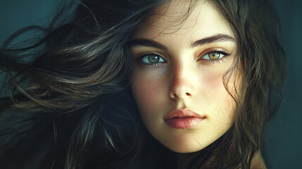 A close up portrait of a beautiful young woman with long brown hair and green eyes.