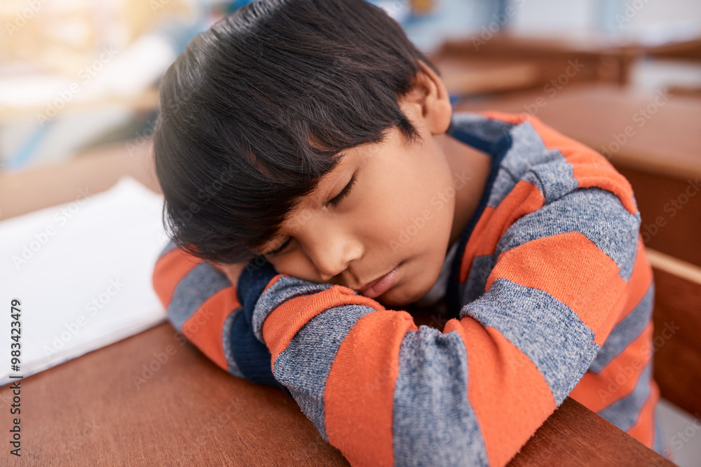 Poster school, sleeping and tired with boy student in classroom for child development or learning. burnout,