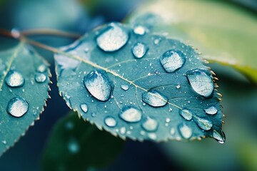 Closeup of raindrops on a green leaf, fresh dew, nature background,  macro photography