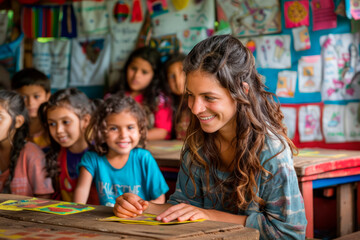 Fototapeta premium Volunteer teacher helping children from low-income families with their studies, warm and supportive classroom environment, focus on caring and learning