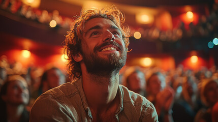 Fototapeta premium Man smiles at a performance with a crowd of people behind him.