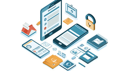 Isometric illustration of various digital objects, including phones, tablets, and a padlock, symbolizing online security.