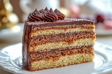 A Slice of Layered Chocolate Cake with Chocolate Frosting