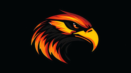 Obraz premium A fierce eagle head with yellow and red feathers on a black background.