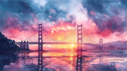 Obraz premium Serene Sunset Over Majestic Bridge Reflection