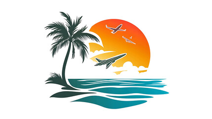 Palm tree on a beach with a sunset and airplanes flying in the sky.