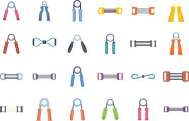 Obraz premium Set of colorful hand grippers and expanders for exercising forearm muscles, perfect for athletes and people recovering from injuries