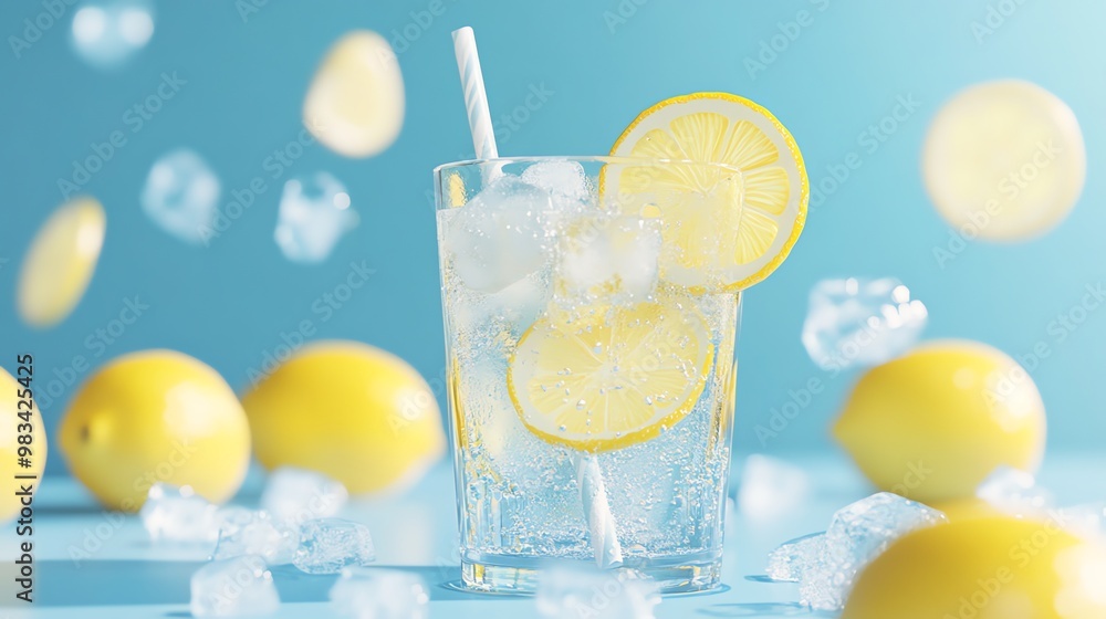 Poster a glass of lemonade with ice and lemon slices, with lemons and ice cubes floating around it.