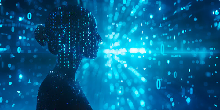 Imagen abstracta y tecnologica de una mujer viendo por una pantalla azul con n&uacute;meros