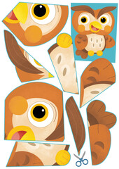 cartoon scene with character puzzle cutout educational exercise manual work with scissors animal bird owl illustration for kids cutout