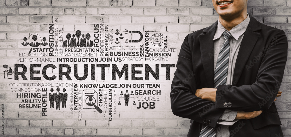 Poster human resources recruitment and people networking concept. modern graphic interface showing professi