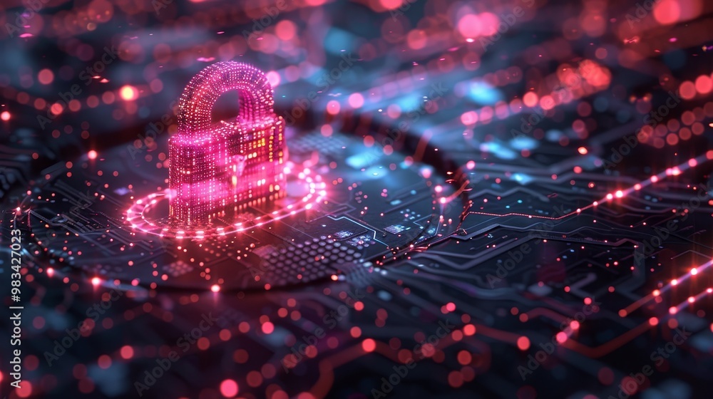 Poster a digital lock icon surrounded by vibrant circuitry, symbolizing cybersecurity and data protection i