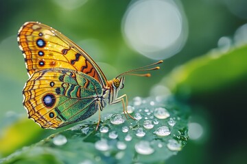 Naklejka premium Beautiful butterfly with colorful wings on green leaf with water drops, macro photography
