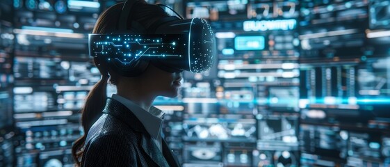 A woman wearing a virtual reality headset stands against a backdrop of digital screens and data displays, immersing herself in a tech-driven environment.