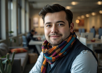 Fototapeta premium pride and relief, diversity at the workplace, functional scarf and waistcoat, manager or a boss, lively and imaginative aesthetics with visual structure, tracking shot at cafeteria