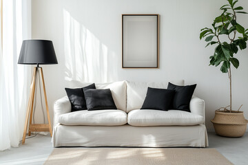 gallery wall frame mockup in in american style colorful living room,  interior design, white sofa, black pillows, wood frame 