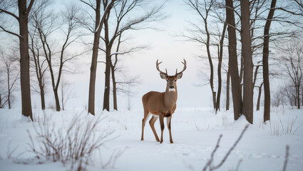 A serene winter landscape captured in a minimalist photography style, featuring a lone deer standing calmly in the midst of a snow-covered forest